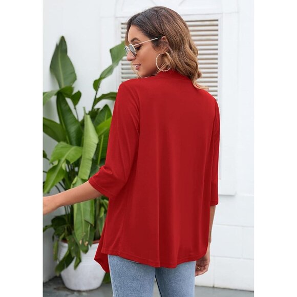 Lightweight Drape Cardigan – Open Front 3/4 Sleeve Red Small - Picture 4 of 5